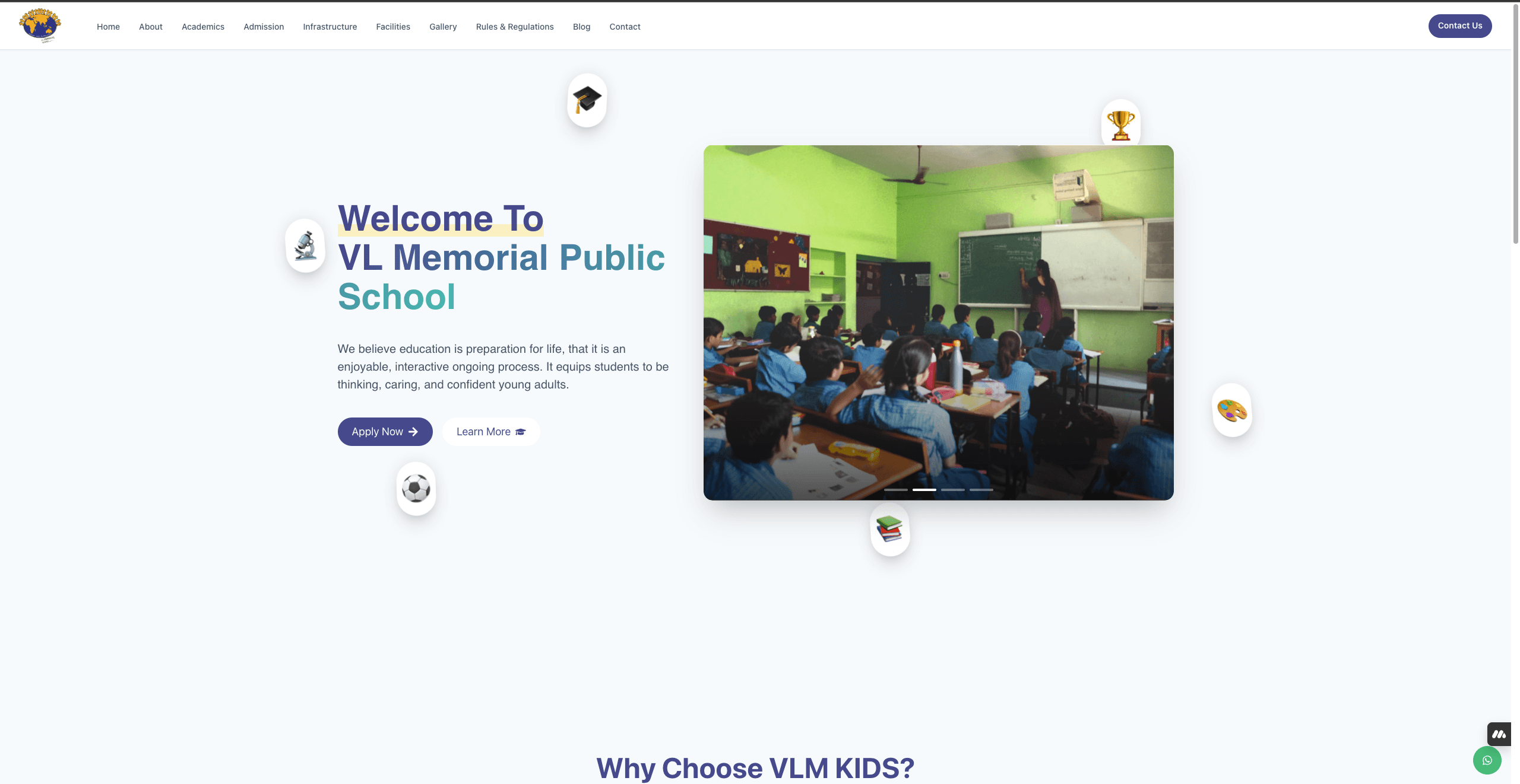 VL Memorial Public School website homepage with a classroom photo and Apply Now button