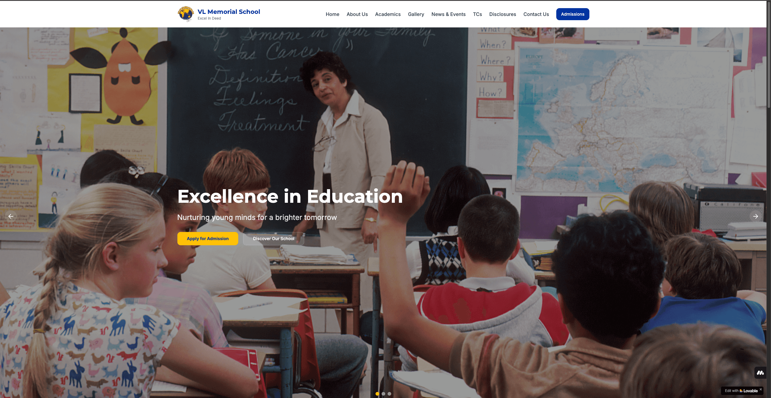 VL Memorial School website with the headline Excellence in Education over a classroom photo