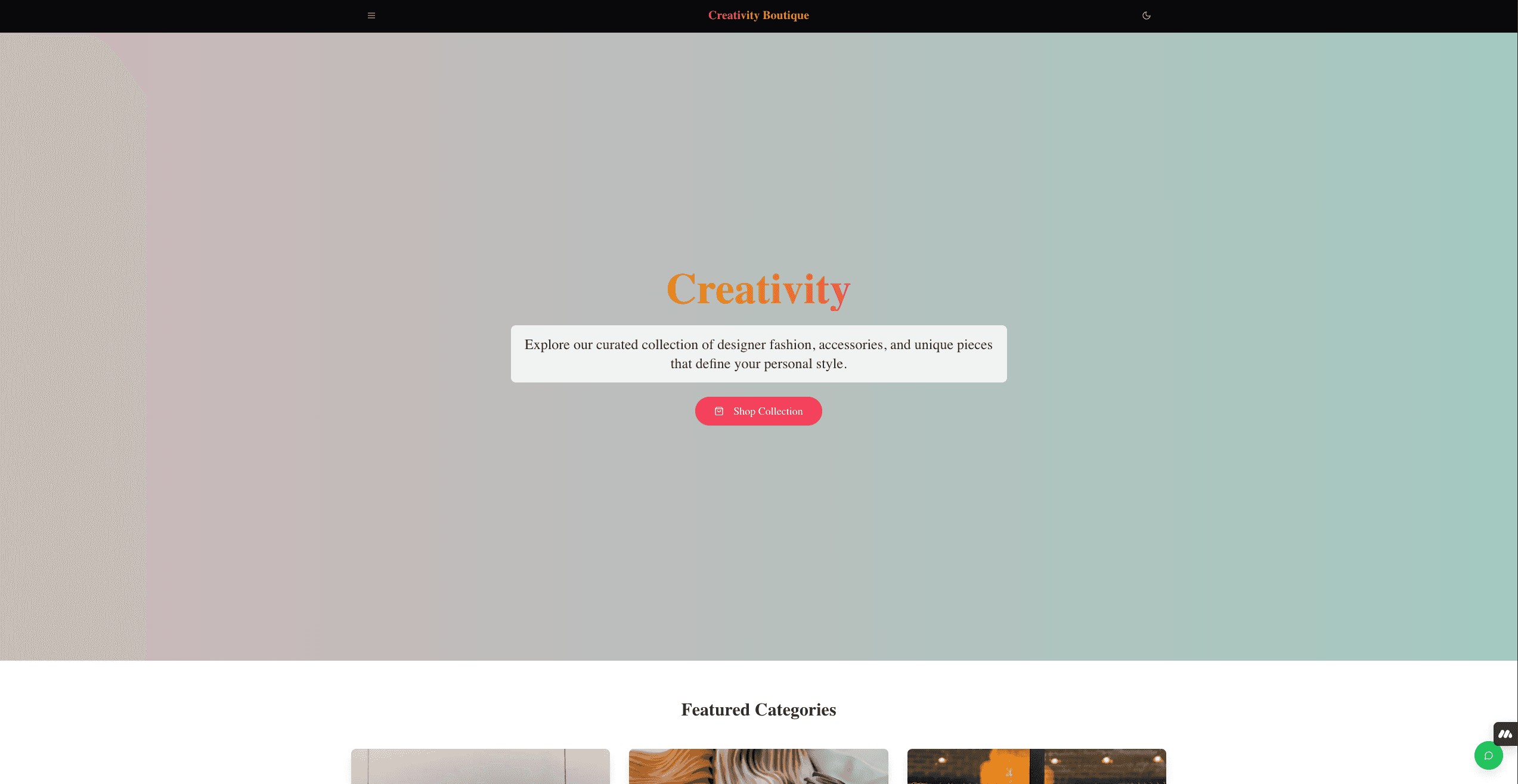 Creativity Boutique online store homepage with a Shop Collection button