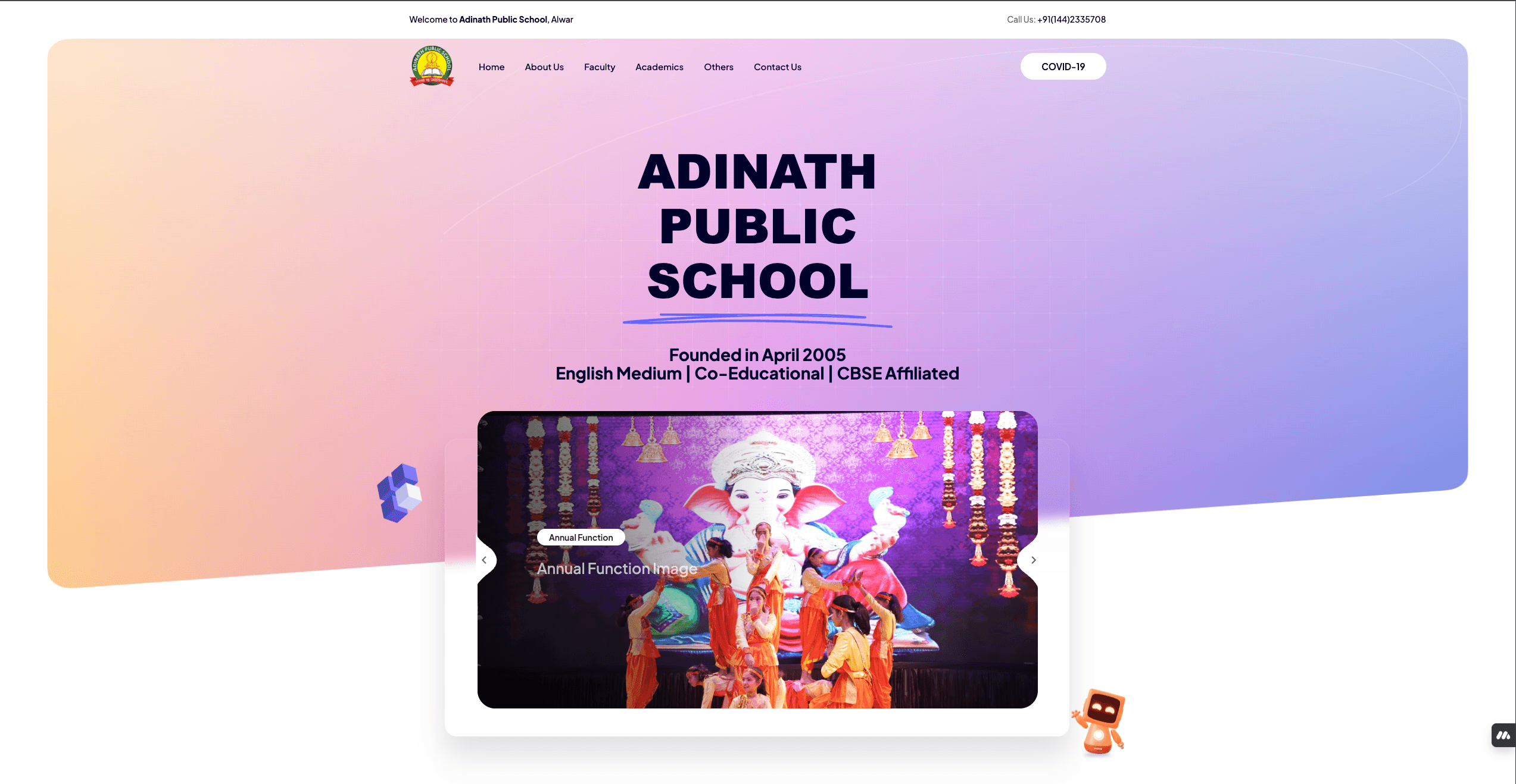 Adinath Public School website homepage with the school name and an annual function photo slider